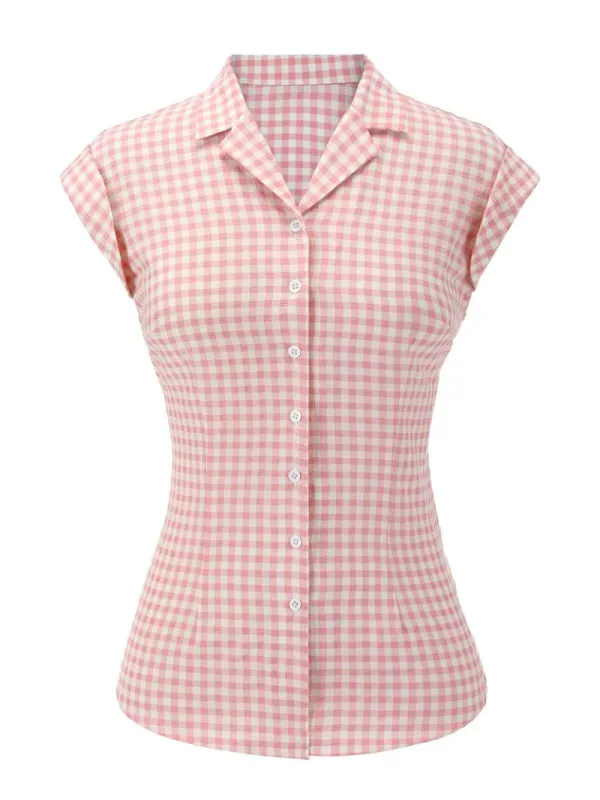 PINK 1950S GINGHAM PLAID LAPEL SHIRT