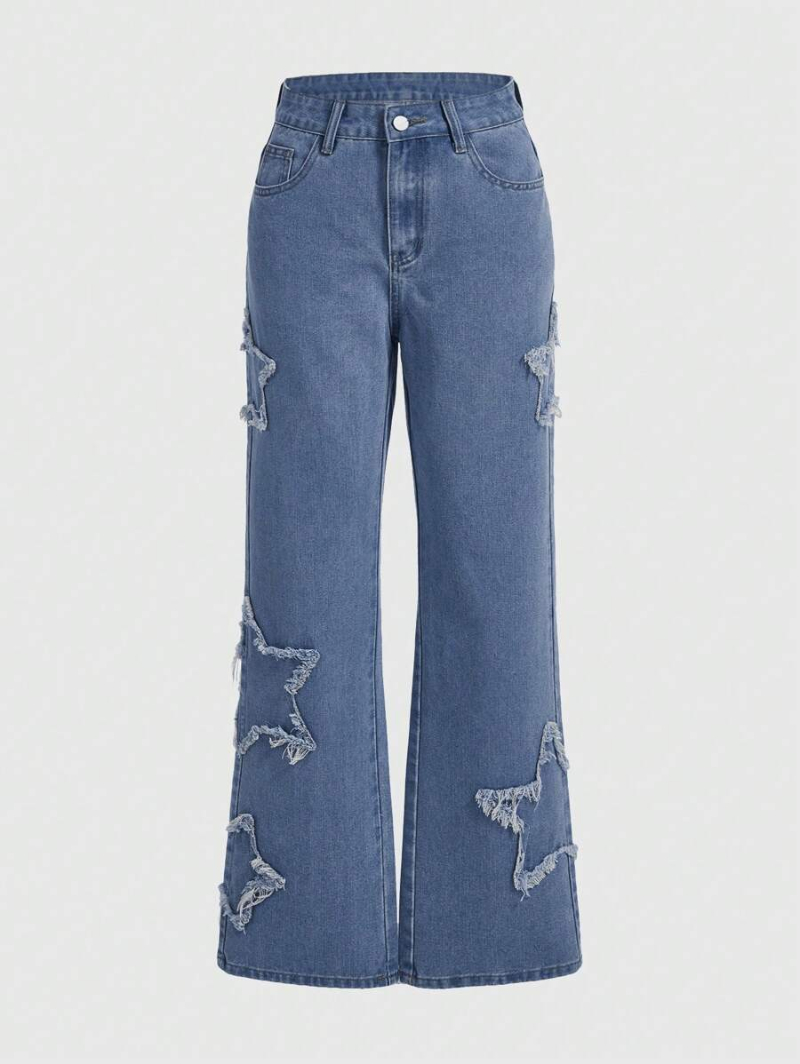 Grunge Punk Retro Cool Street Style Star Patch Embroidered Loose Straight Denim Trousers