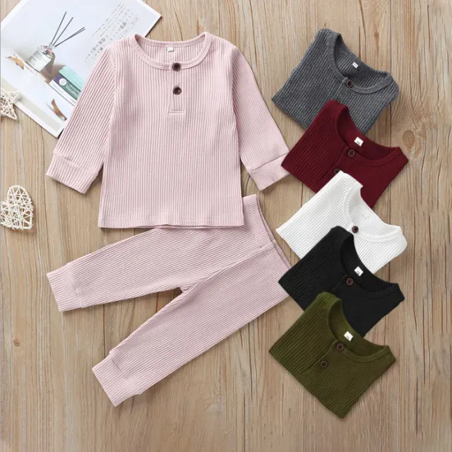 Solid Color Ribbed Kids Pajamas Sets Fashion Children Unisex Clothes Cotton Long Sleeve Pajamas+Pants Spring Autumn Baby Clothing