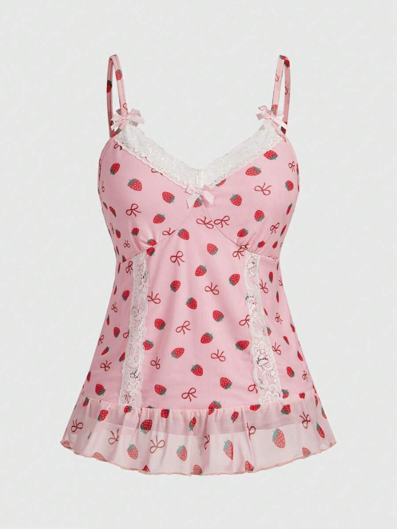 Kawaii Women's Strawberry & Bowknot Print Splicing Lace Camisole Tank Top