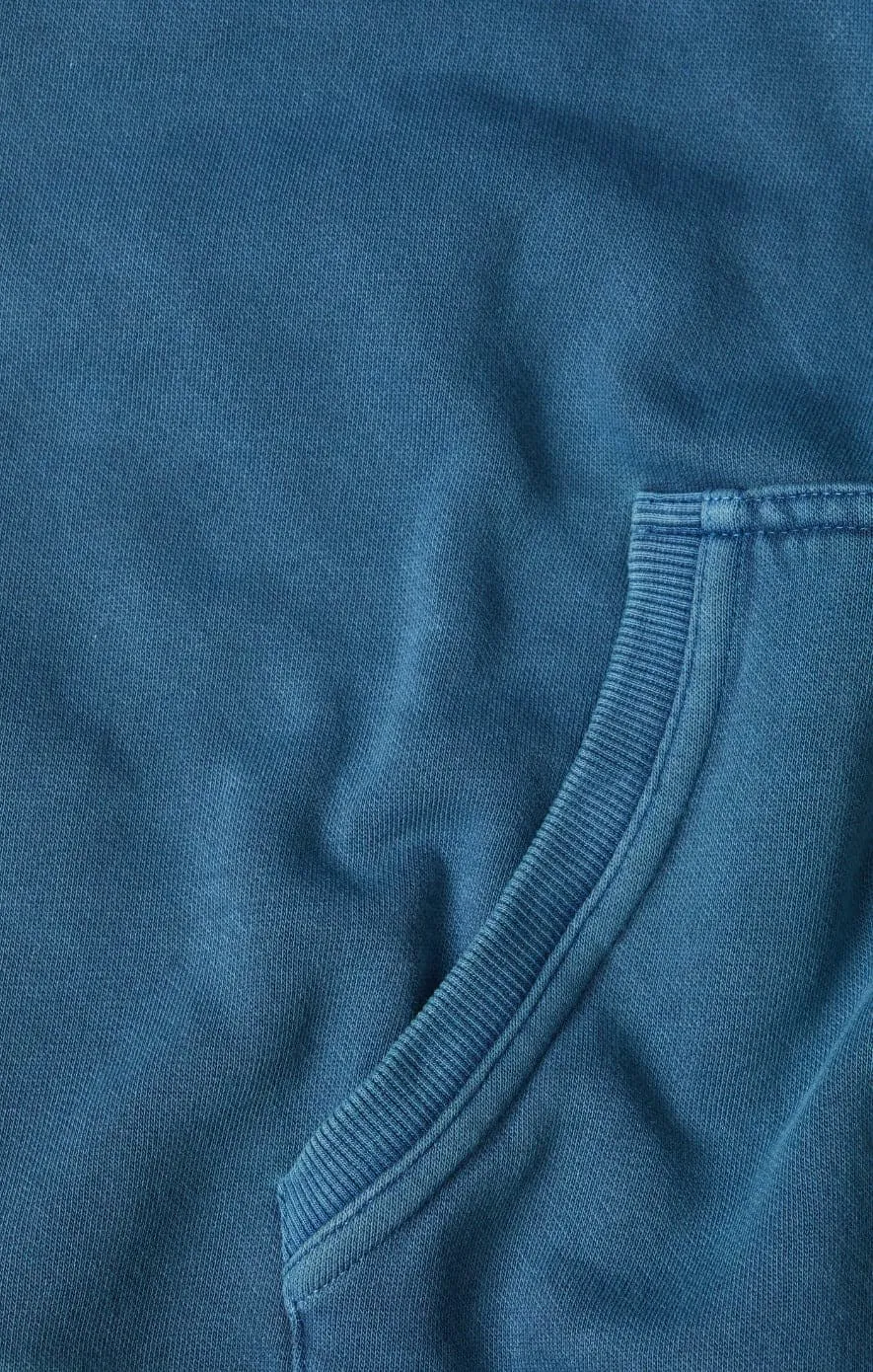 Denim Blue Solid Garment Washed Hoodie