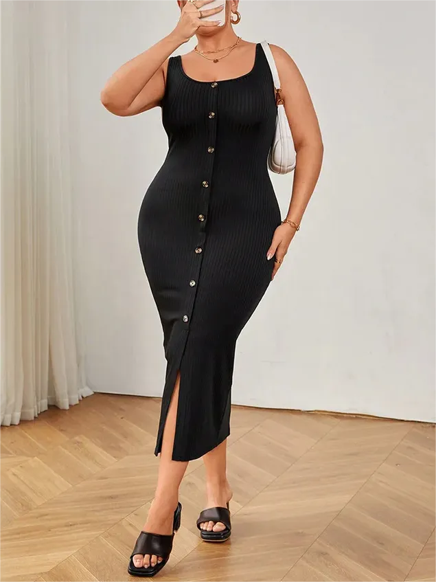 Plus Size Solid Square Neck Button Front Slit Bodycon Dress