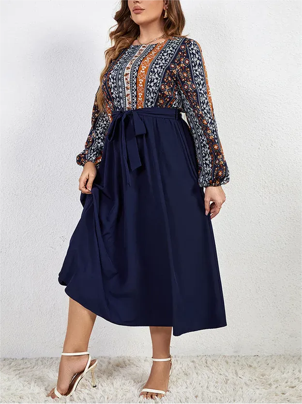 Plus Blue Floral Printed Lantern Sleeve Dress