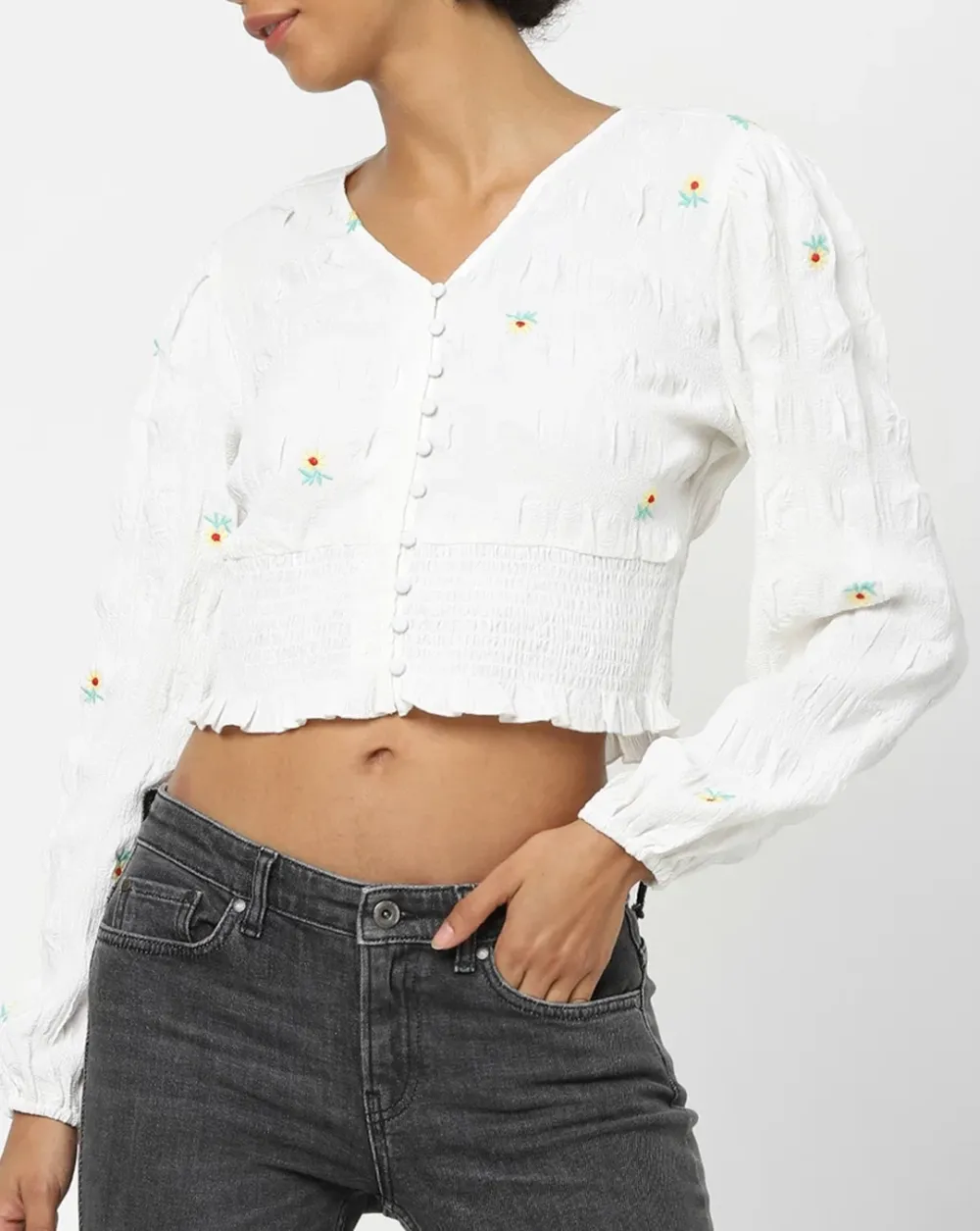 White Embroidered Cropped Top