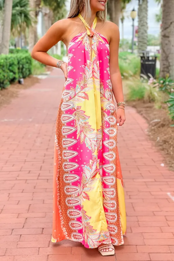 Fashionable cross-neck holiday maxi dress