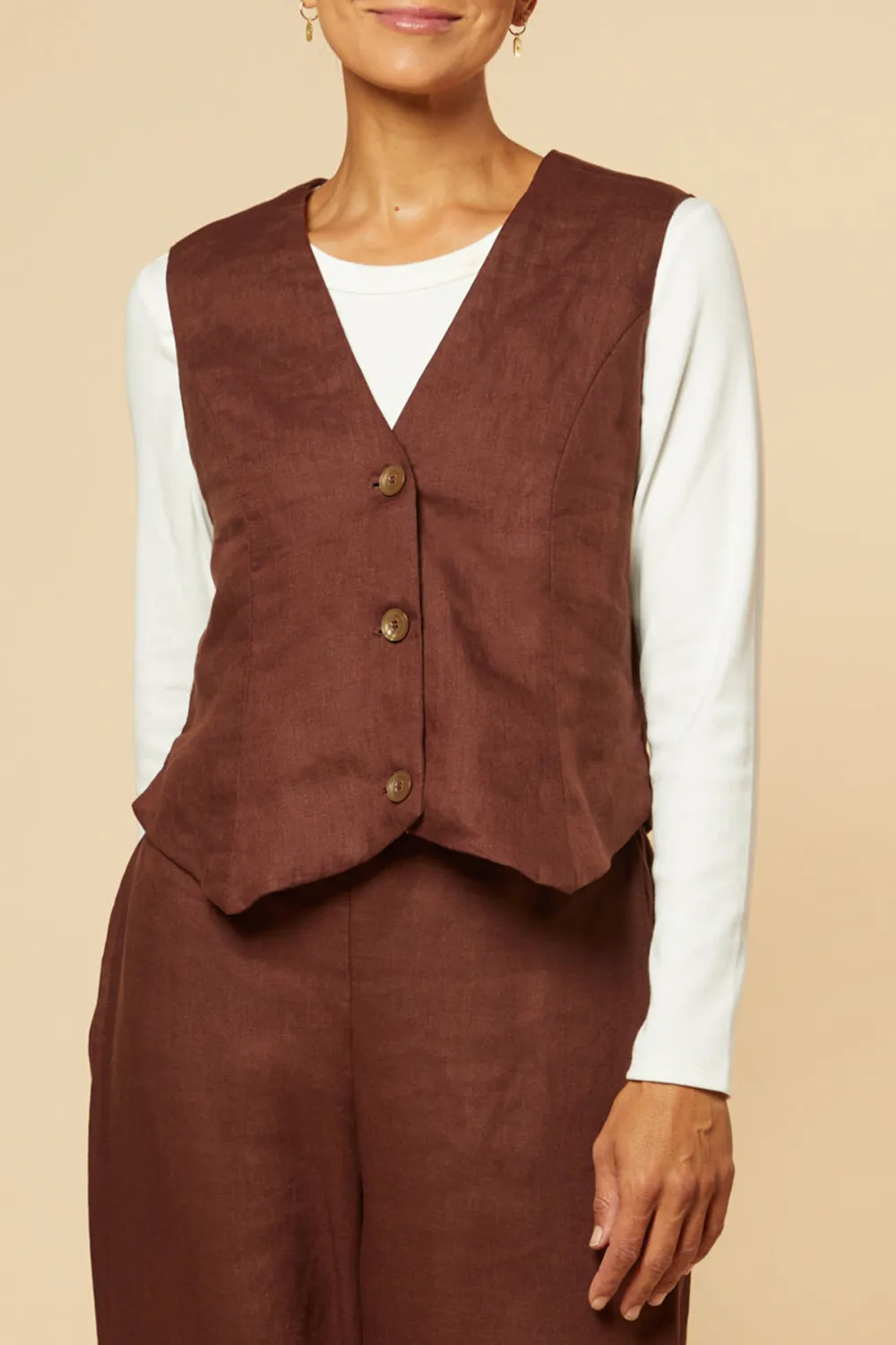 Linen Waist Coat In Raisin