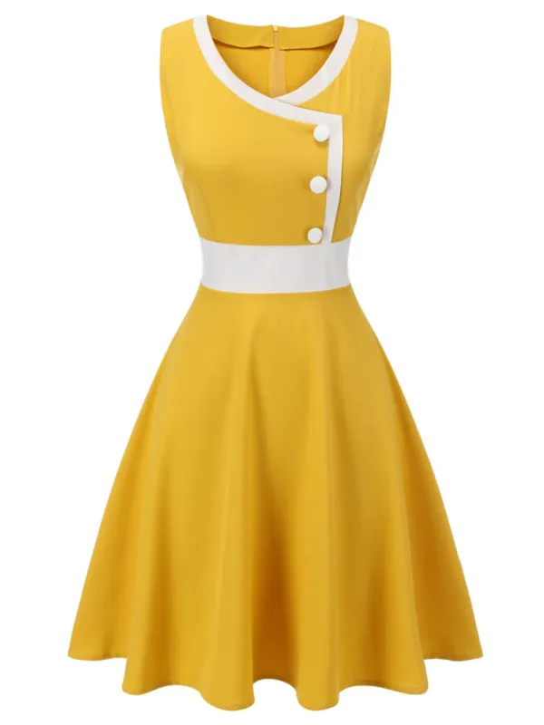 YELLOW & WHITE 1940S BUTTONS PATCHWORK DRESS