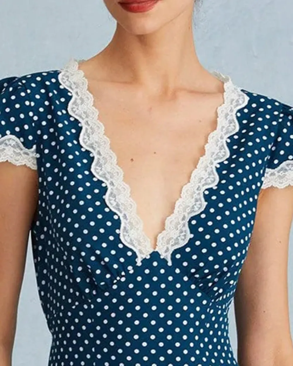 Blue Polka Dot Lace Sleeve Dress