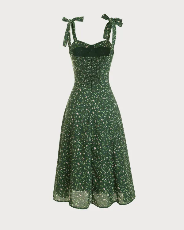 Green Floral Print Suspender Dress