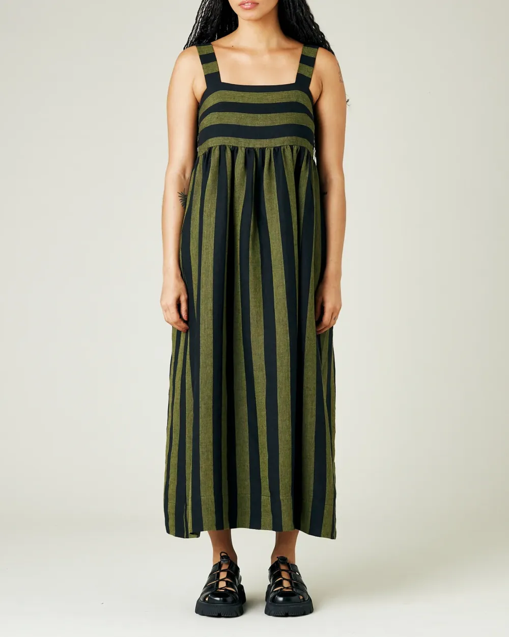 OLIVE & BLACK STRIPE LINEN DRESS