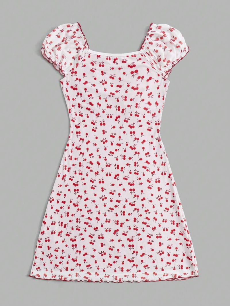 Kawaii Cherry Print Bow Front Dress