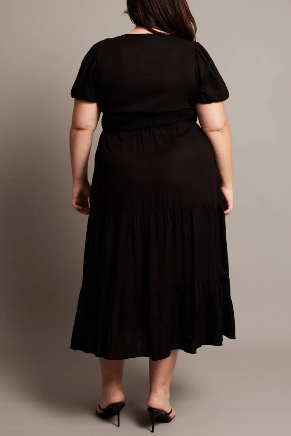 Black Midi Dress Short Sleeve Linen Blend