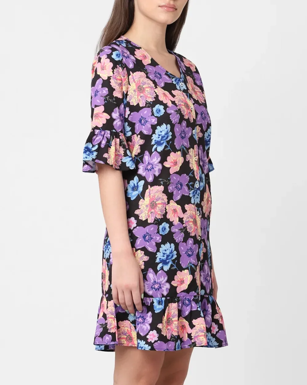 Black Floral Print Tunic Dress