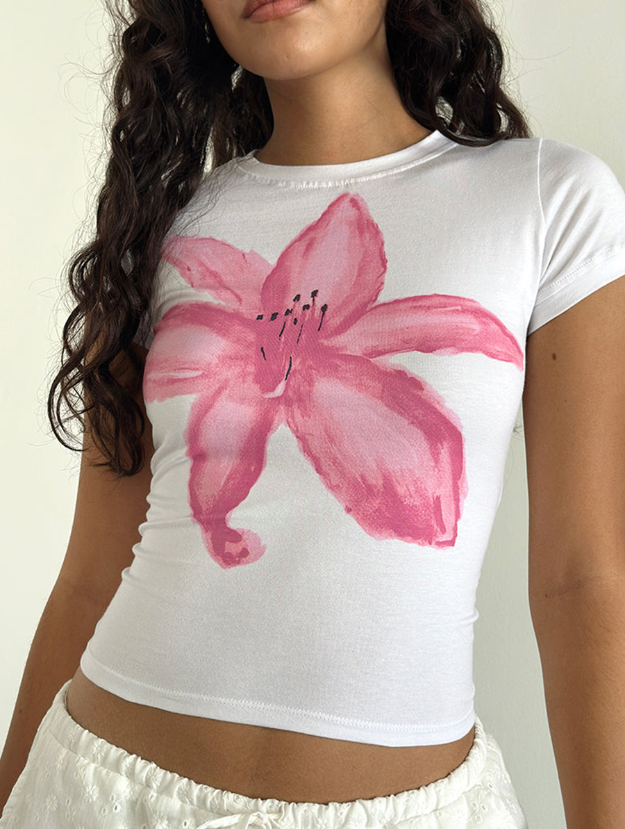 White With Painted Flower Pink Sutin Tee