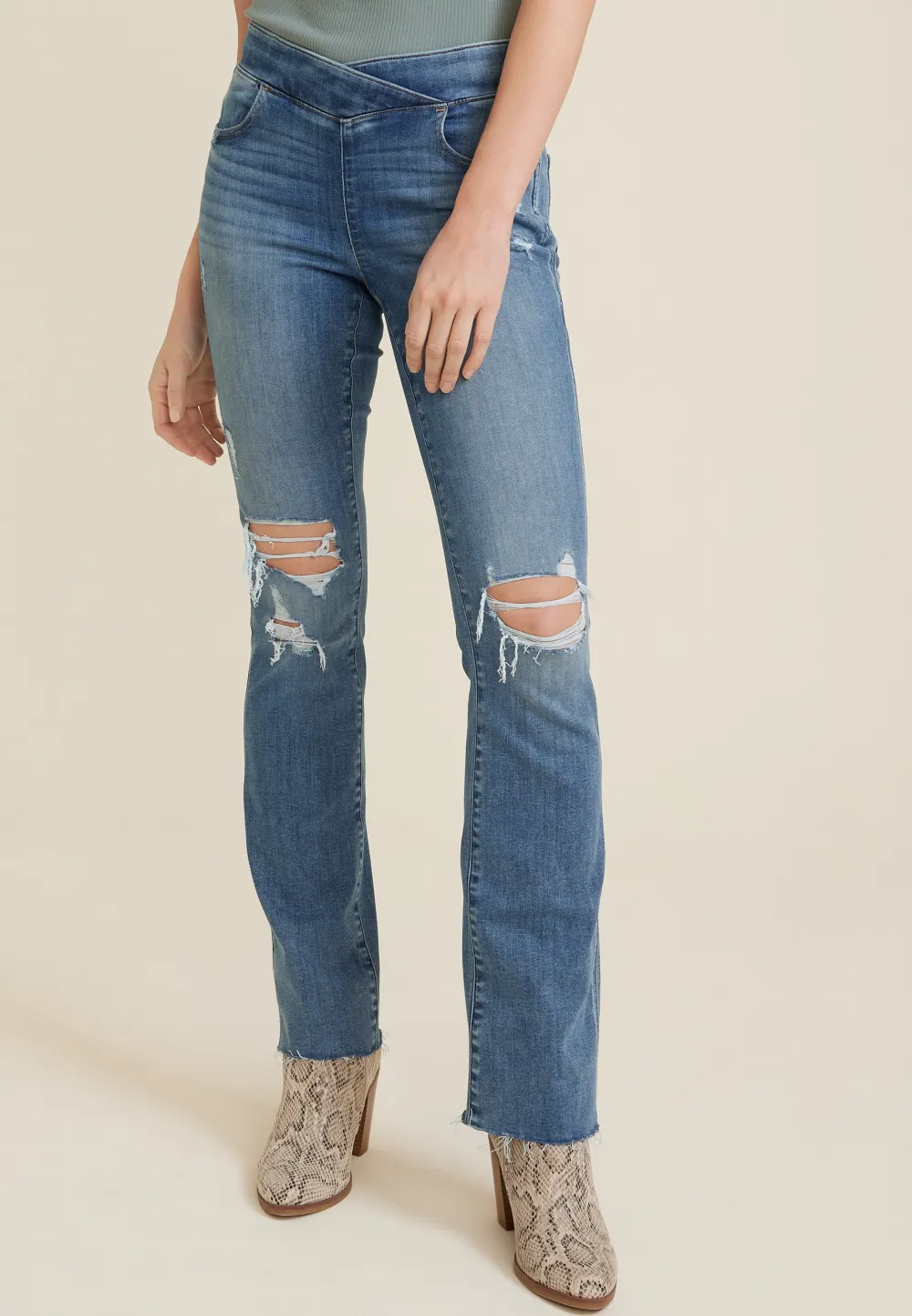 m jeans by maurices™ Cool Comfort Crossover High Rise Ripped Slim Boot Jean