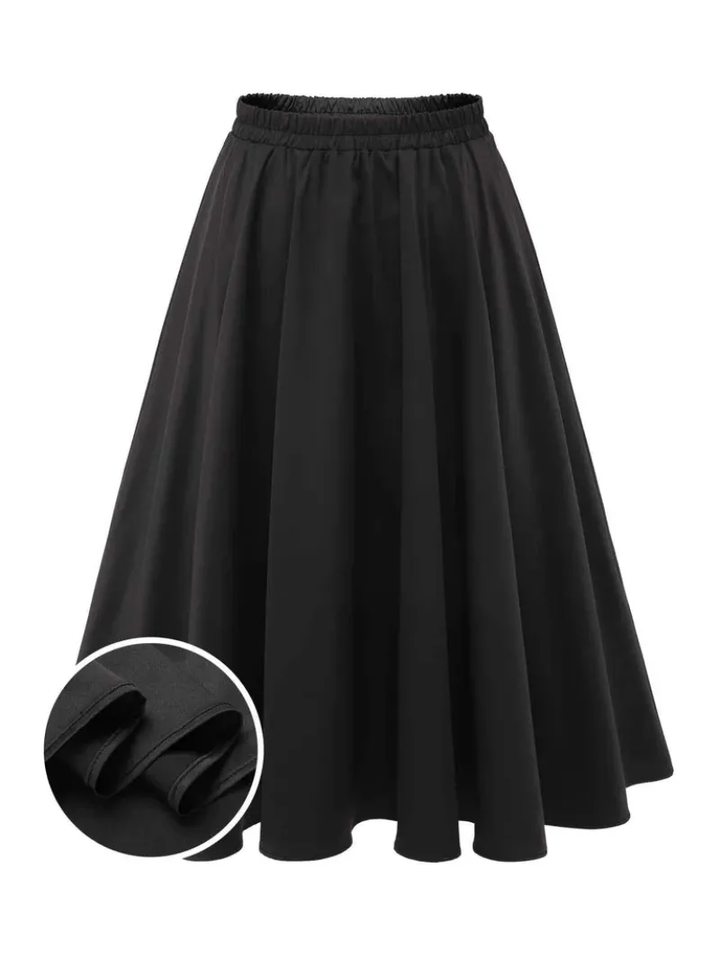 BLACK 1950S SOLID ELASTIC WAIST PLEATED SKIRT