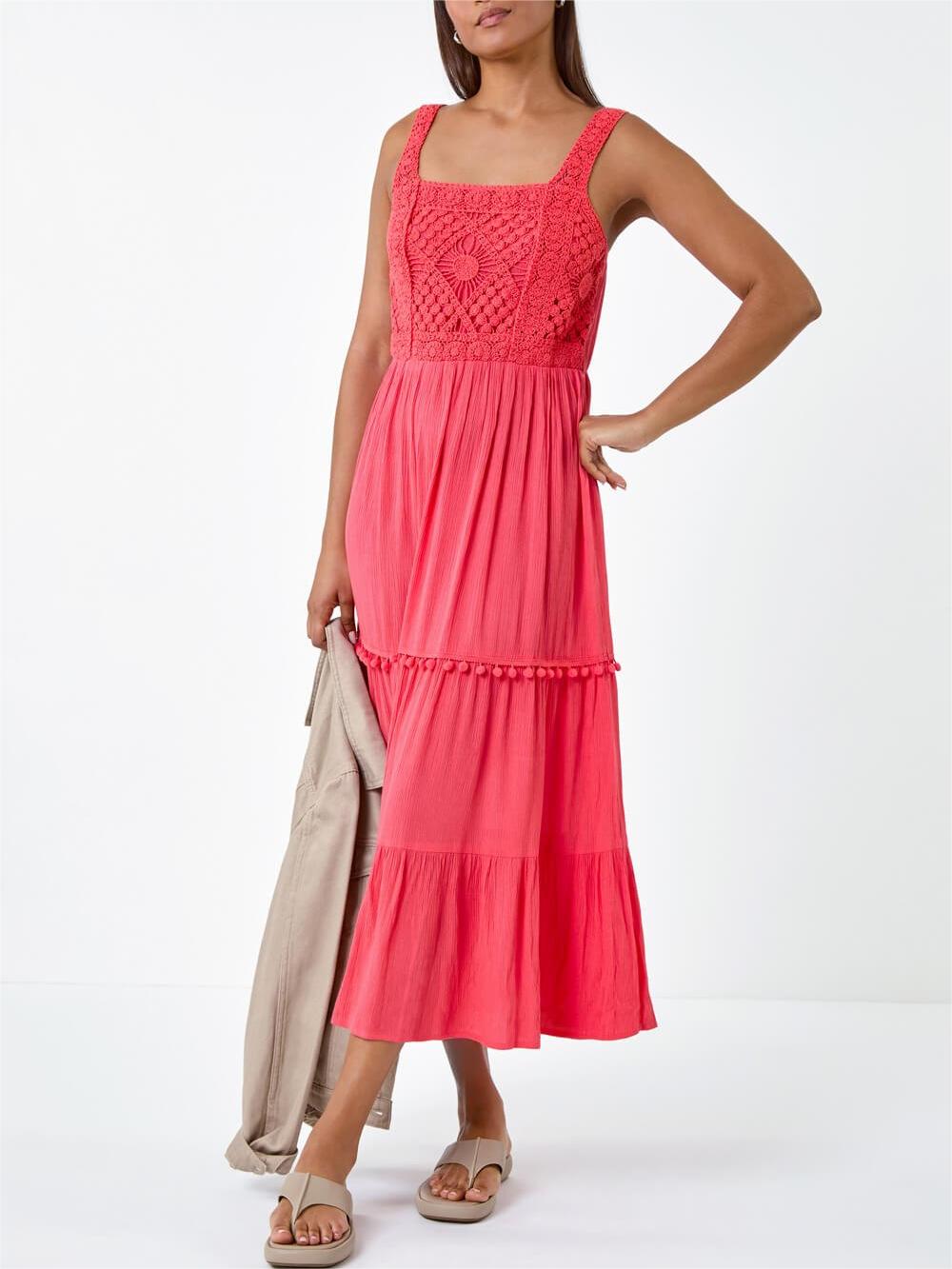 Red Crochet Detail Cotton Blend Maxi Dress