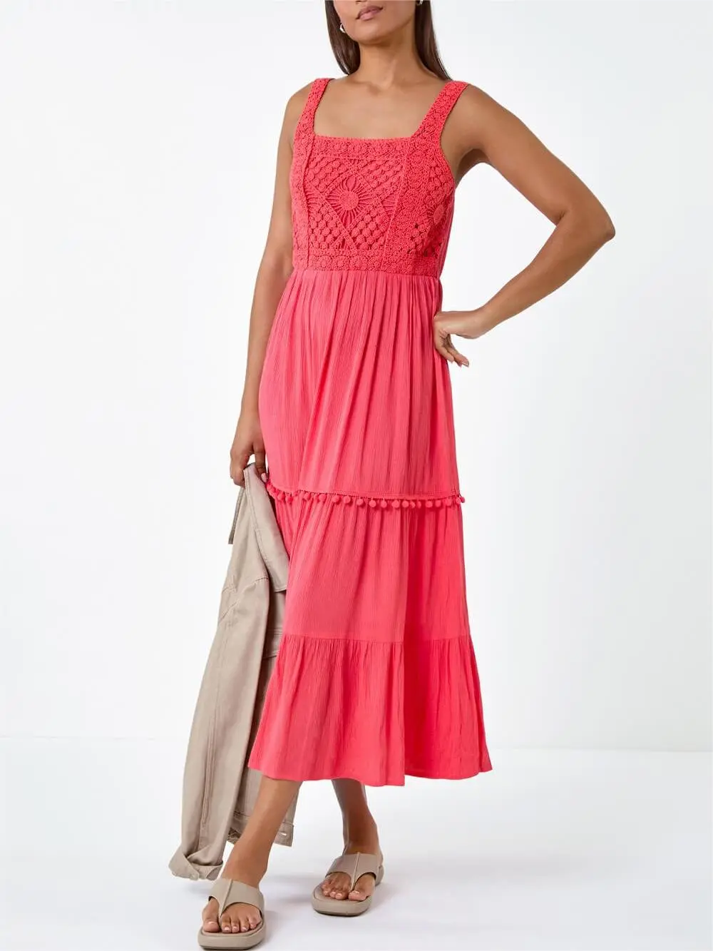 Red Crochet Detail Cotton Blend Maxi Dress