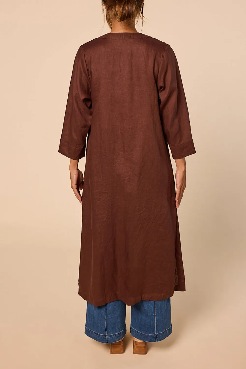 Long Line Linen Duster Jacket In Raisin