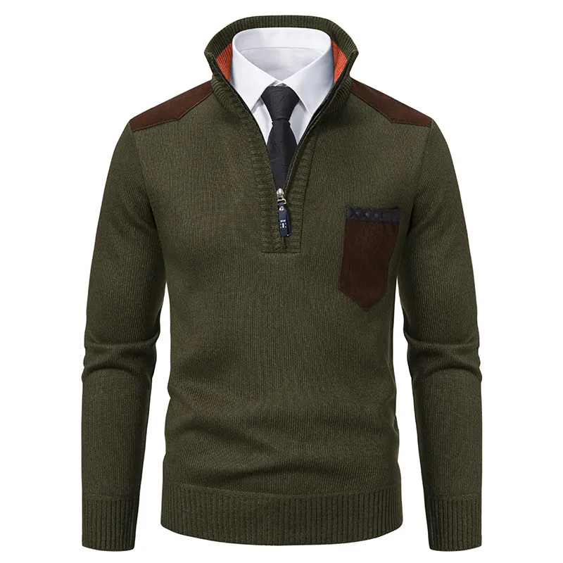 Men's Retro Zipper Stand Collar Contrast Color Pullover Sweater