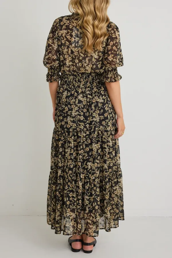 Charlie Black Gold Floral SS V Neck Tiered Midi Dress