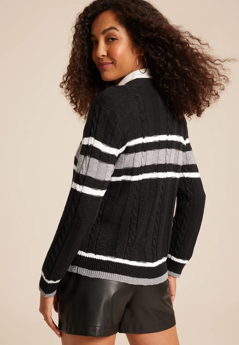 Prep Striped Cable Knit Button Down Cardigan