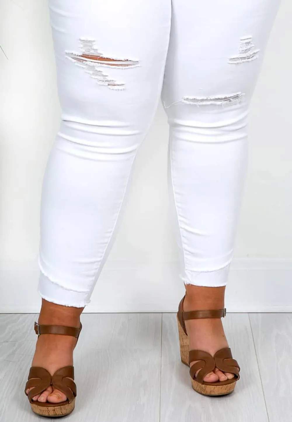 White Distressed Raw Hem Jeans