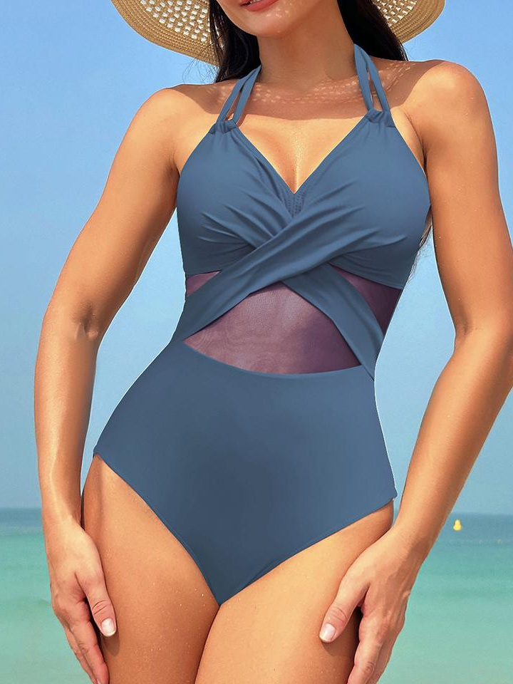 One-piece swimsuit for women solid color mesh bikini swimsuit