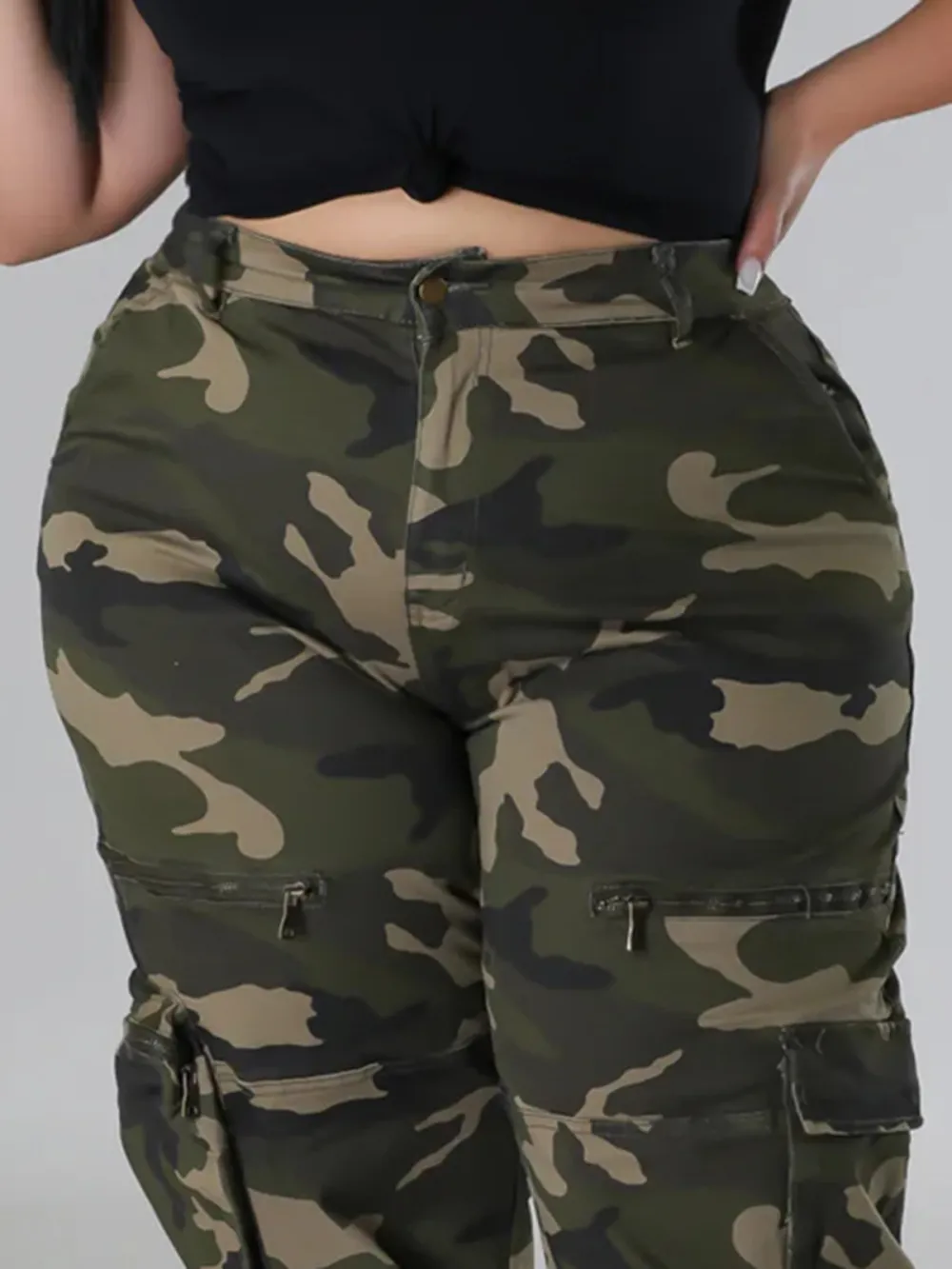 Plus-Size Fashion Women'S Camouflage Pants With Zipper