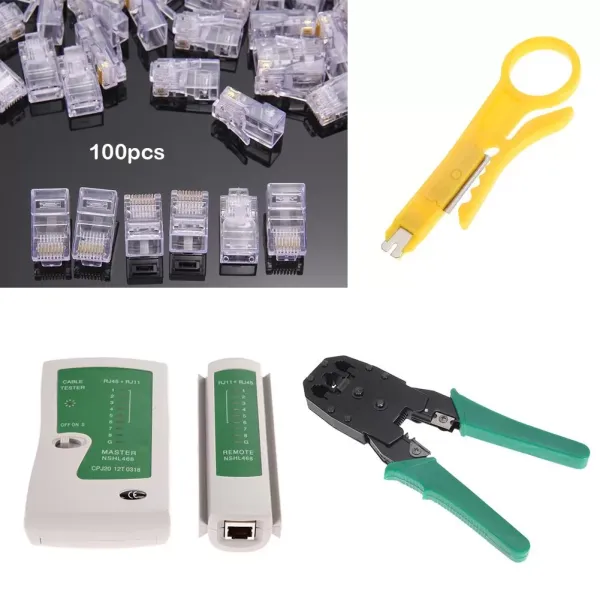 Cable Tester+Crimp Crimper+100 RJ45 CAT5 5e Connector Plug Network Tool Kit