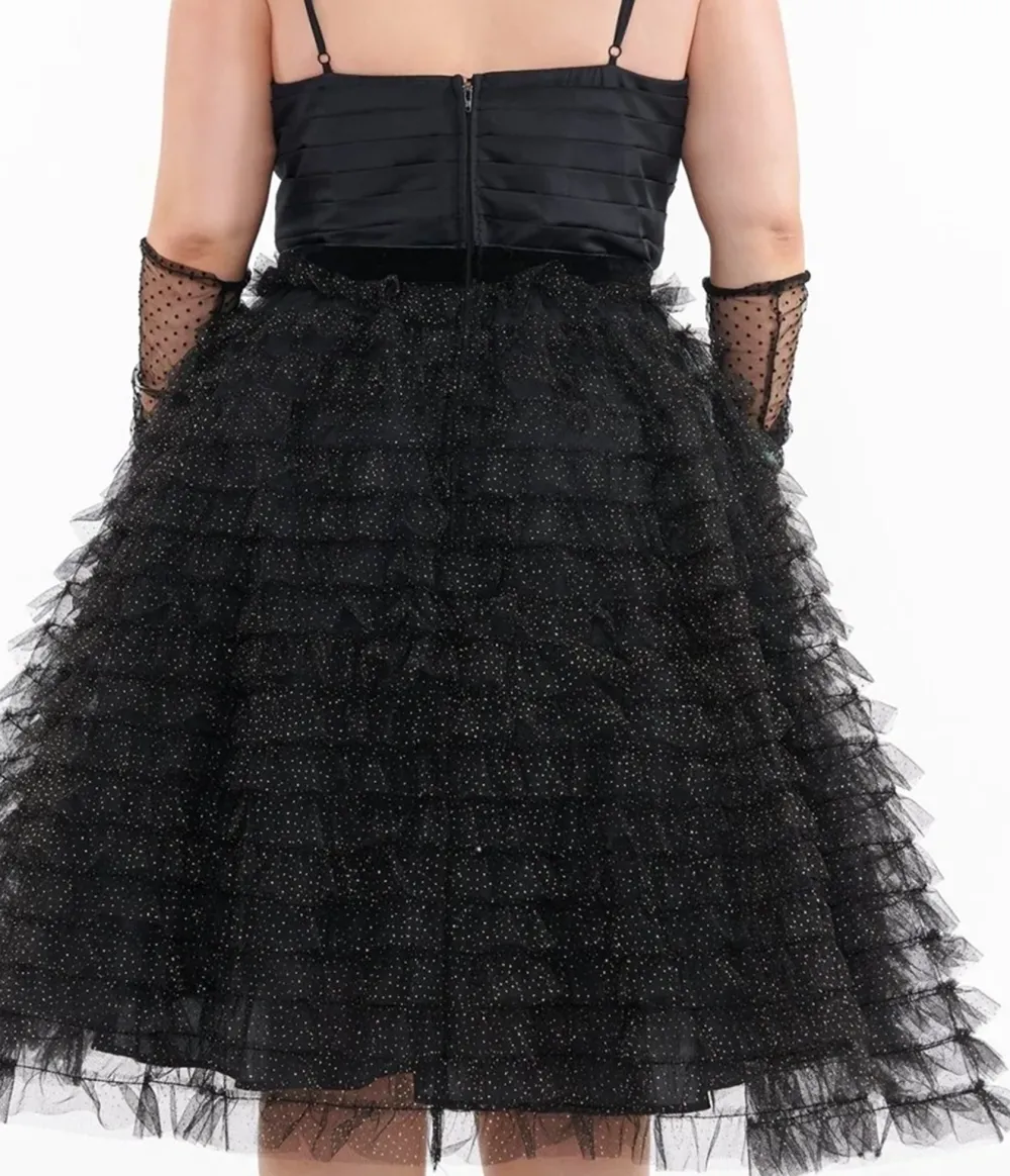 Unique Vintage Plus Size 1950s Black & Gold Glitter Tulle Cupcake Swing Dress