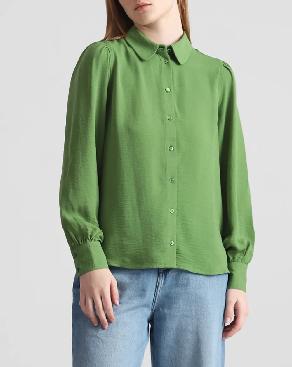 Green Puff Sleeves Textured Shirt