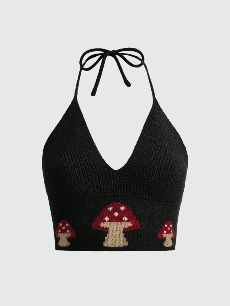 Fairycore Mushroom Pattern Halter Knit Top