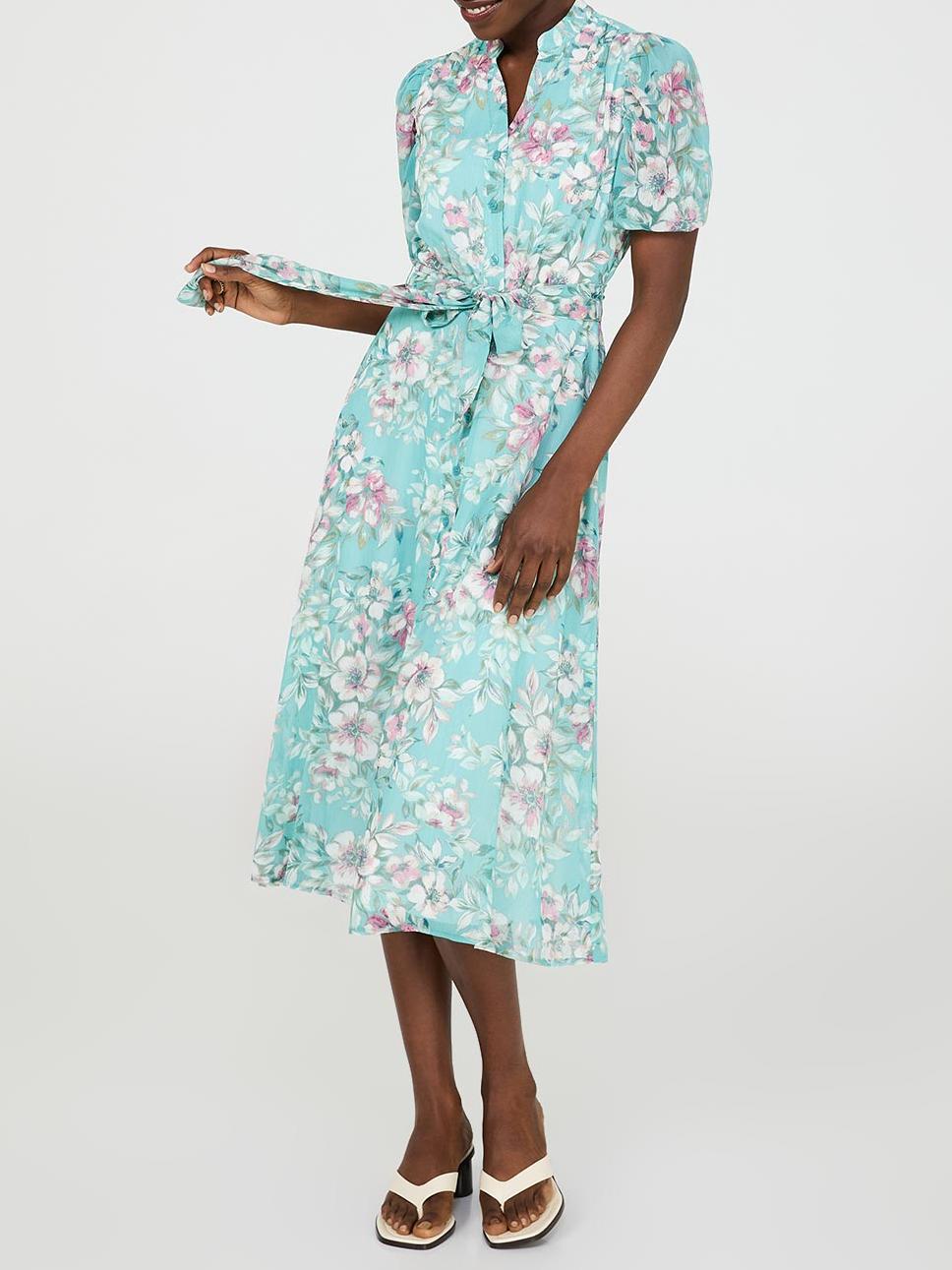 Floral Print Split Neck Dress With Balloon Sleeves