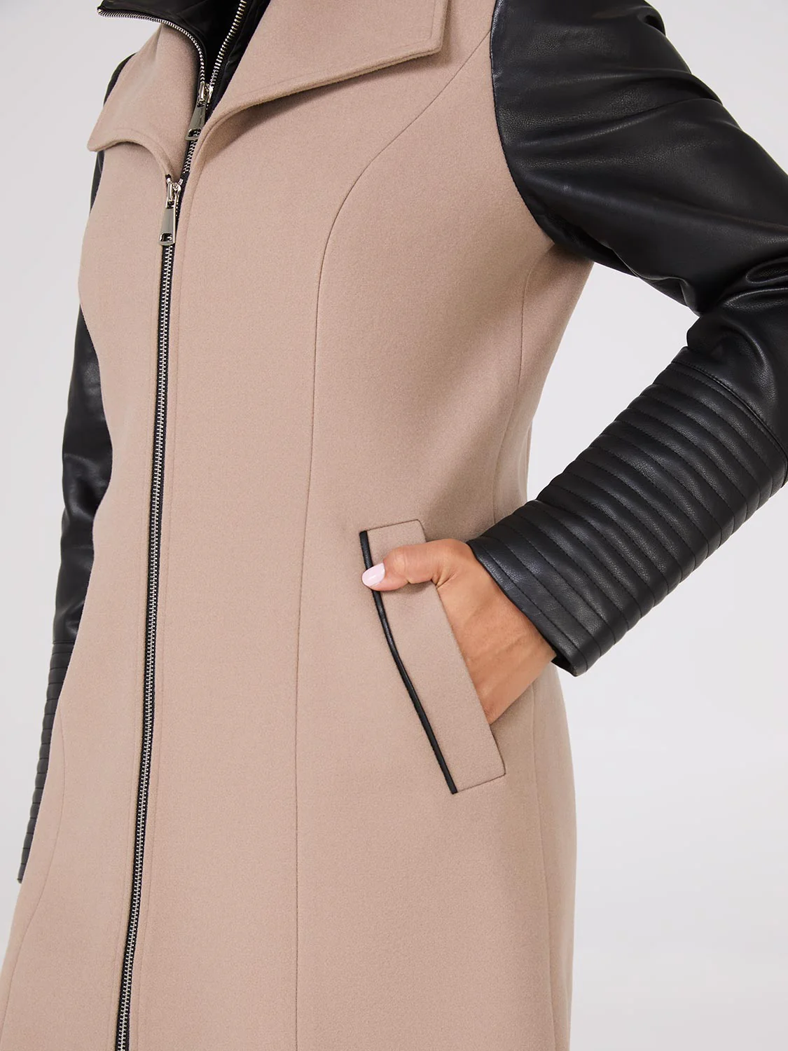 Mid-Length Coat With Faux Leather Details