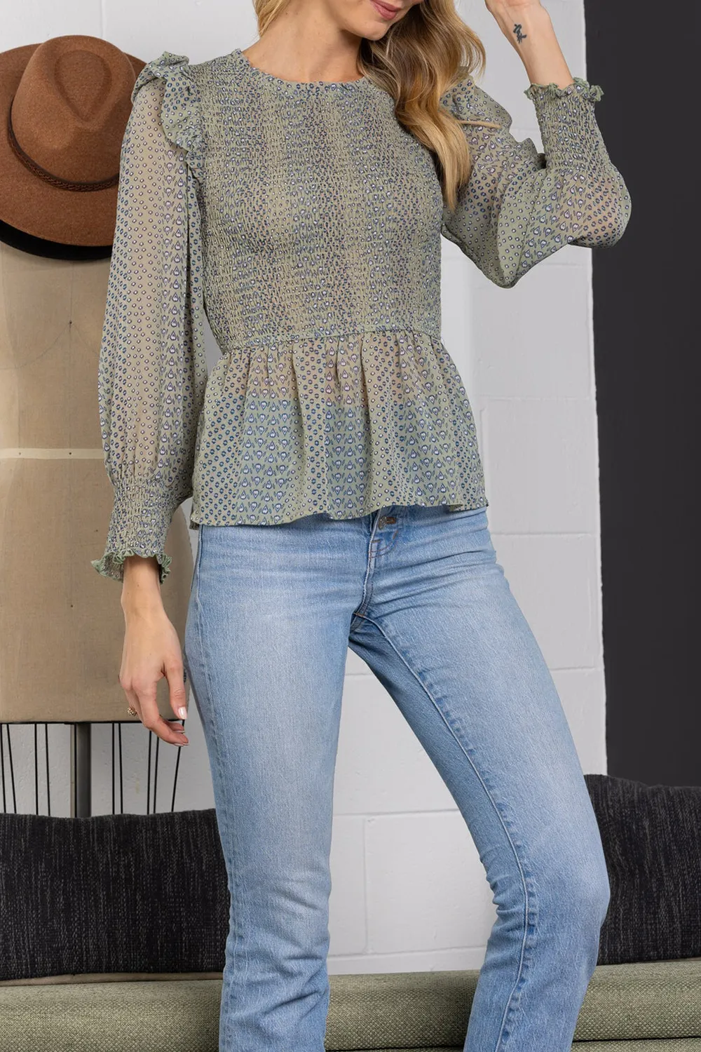 SAGE RUFFLED SHIRRING PEPLUM LONG SLEEVE