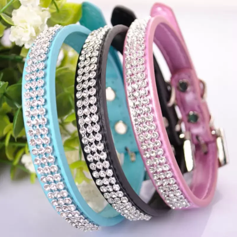 3 Rows Bling Rhinestone Small Pet Dog PU Leather Buckle Cute Cat Crystal Collar