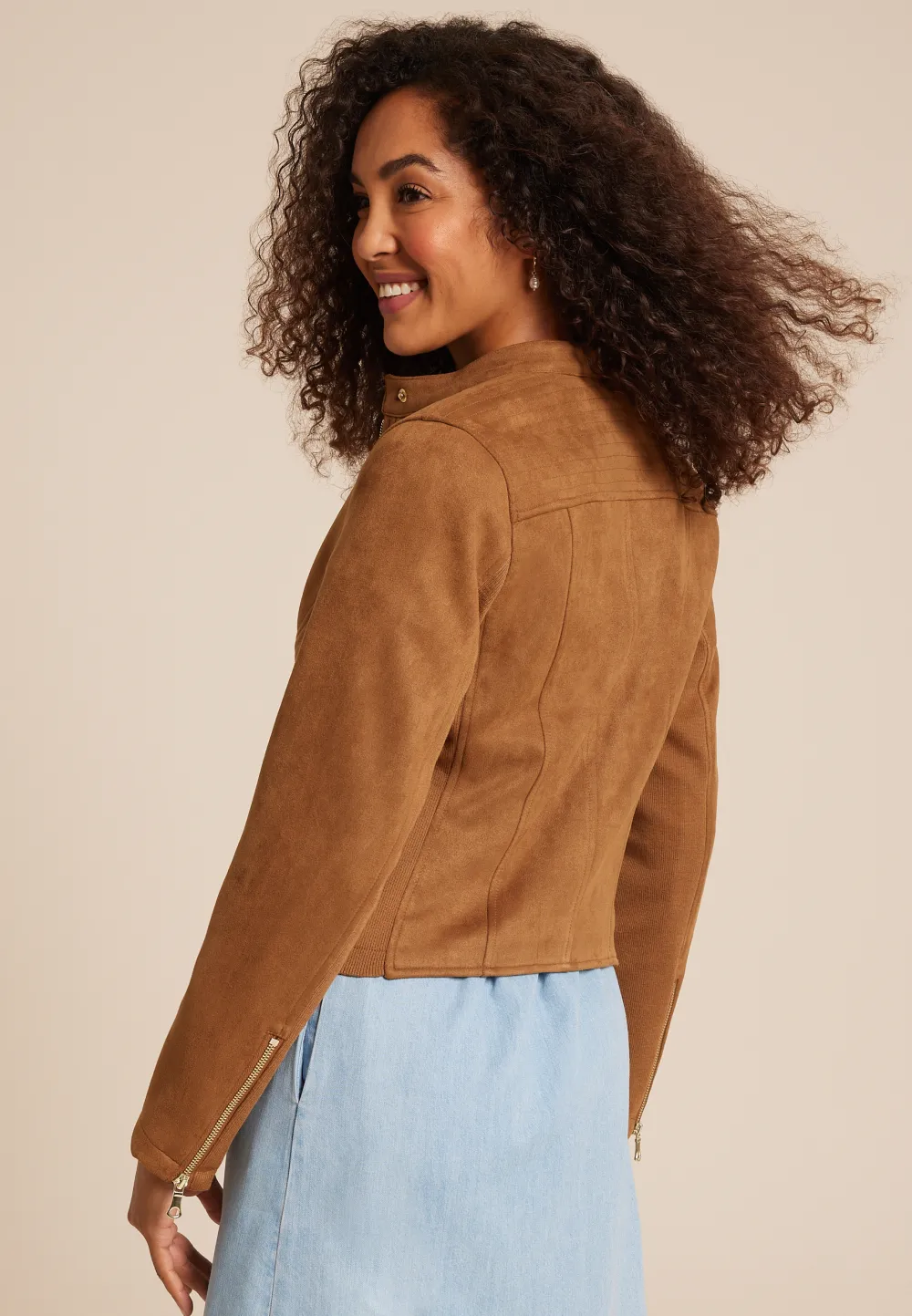 Brown Faux Suede Biker Jacket