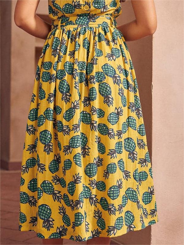 Vintage Pineapple Printed Pleated Flared Skirts