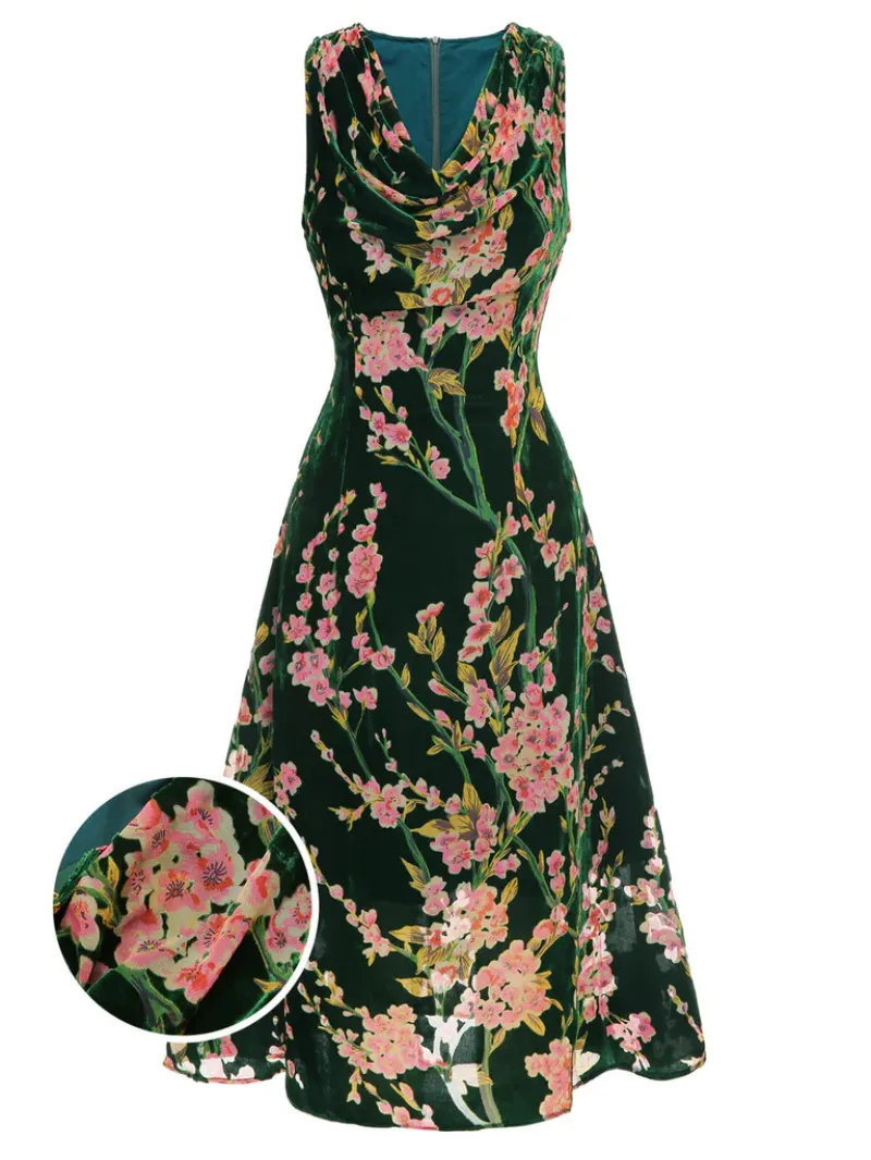 GREEN 1930S FLORAL VELVET SLEEVELESS DRESS