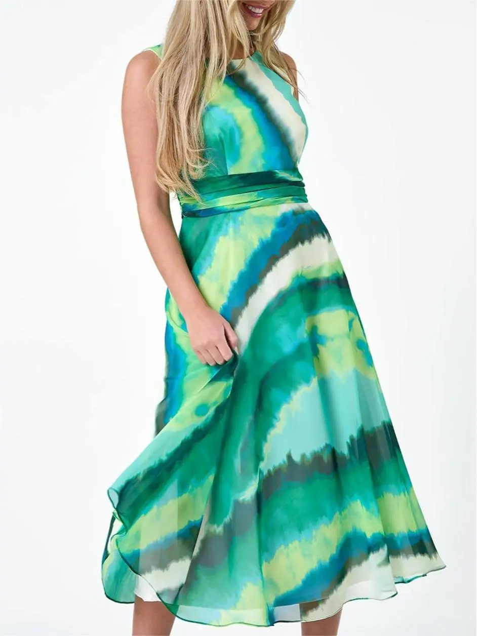 Green Sleeveless Abstract Print Midi Dress