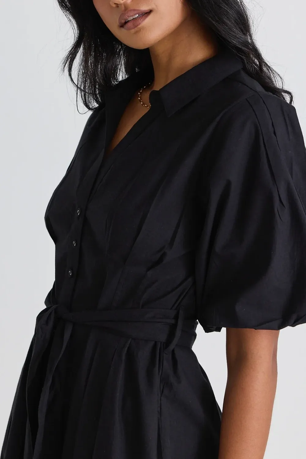 Dusk Black Puff Sleeve Collared Midi Dress