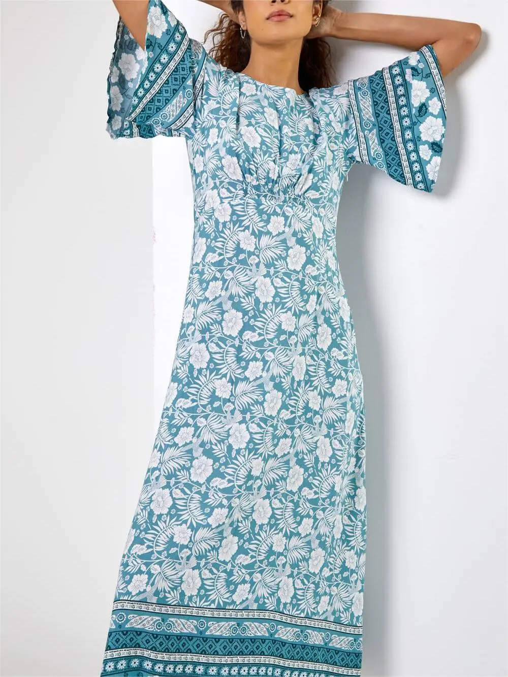 Light Blue Floral Border Print Midi Dress