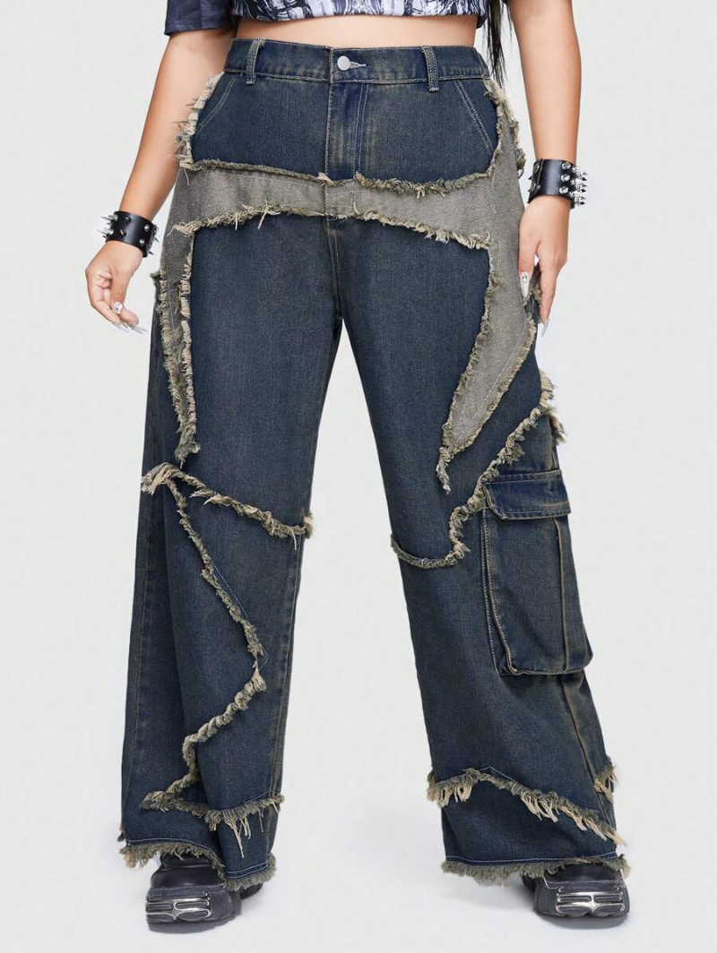 Grunge Punk Women's Plus Size Cargo Pocket Denim Trousers