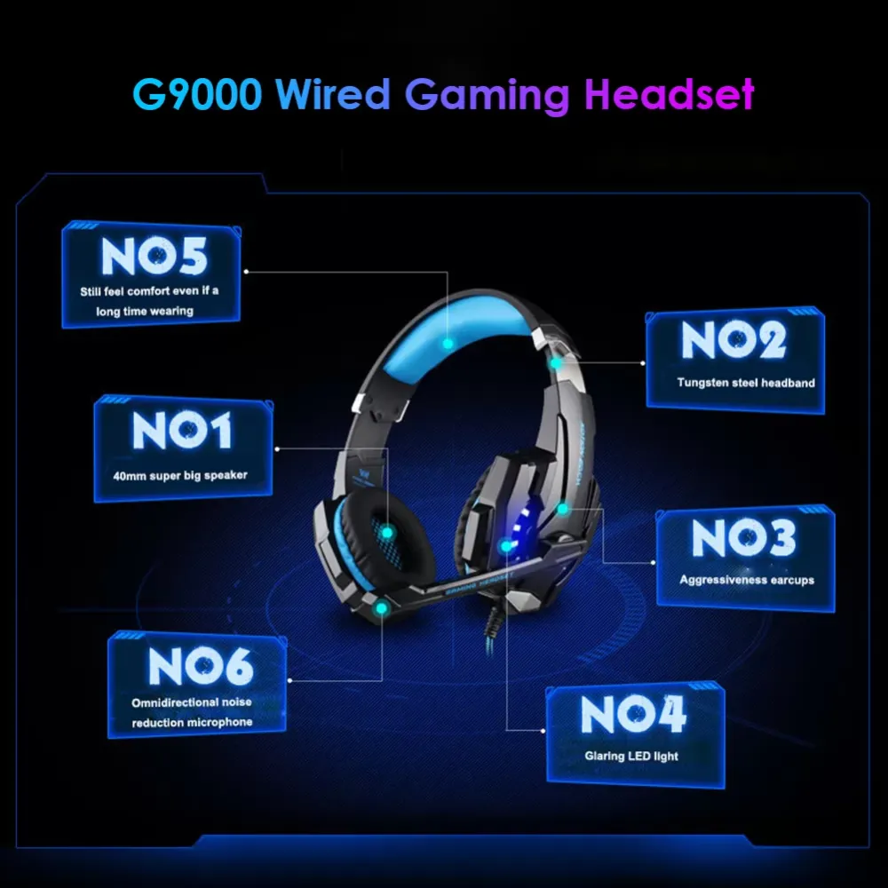 G9000 headset with wired anti sweat band microphone, luminous game headset, compatible with PC PS4 mobile phone, have mute button