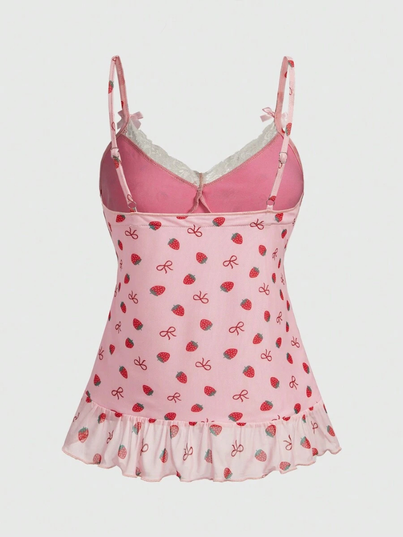 Kawaii Women's Strawberry & Bowknot Print Splicing Lace Camisole Tank Top