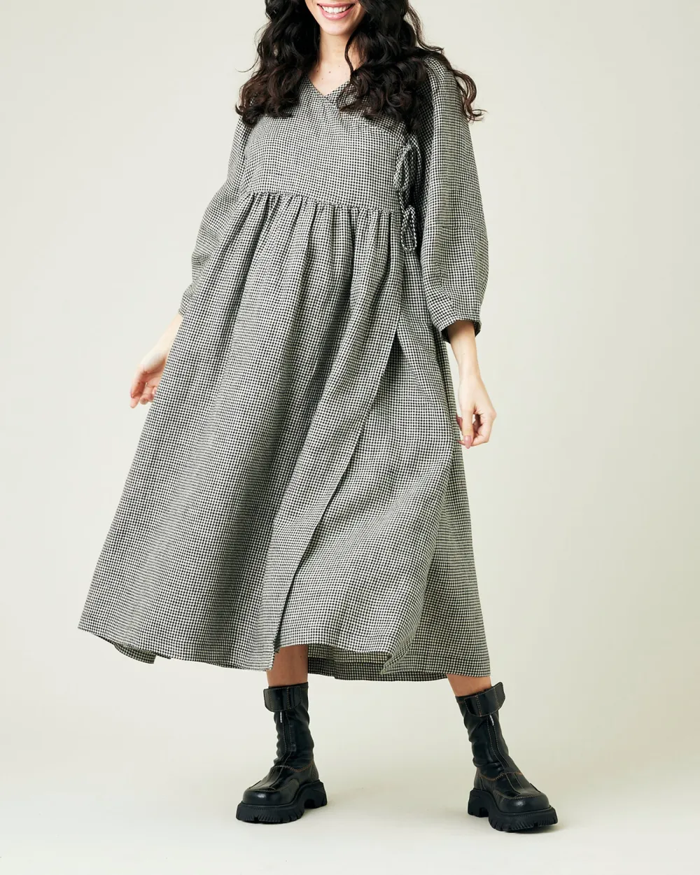 BLACK & STONE MICRO GINGHAM LINEN DRESS