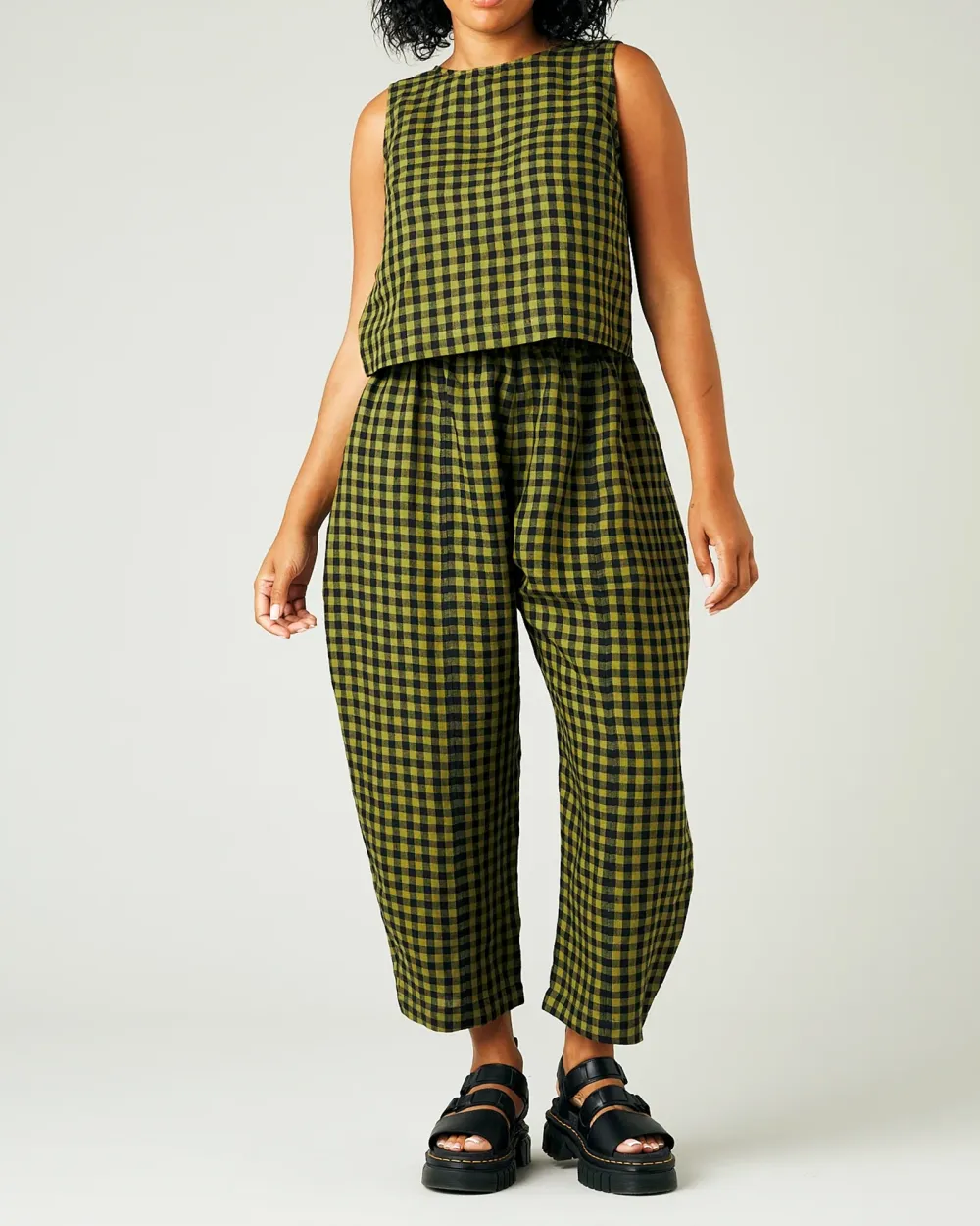 GREEN GINGHAM LINEN TOP