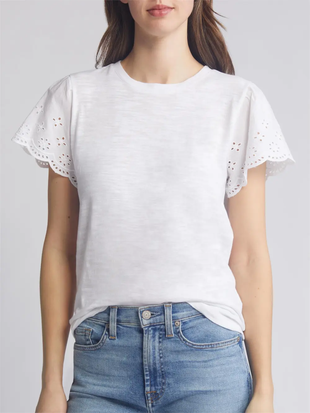 Mixed Media Eyelet Sleeve Top