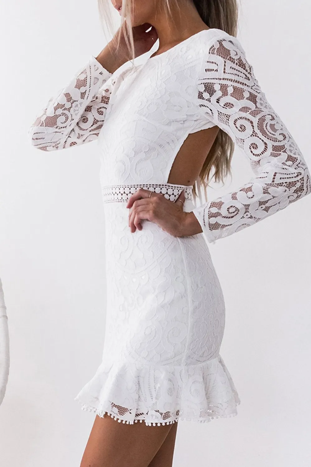 White Long Lace Sleeve High Neck Party Dress